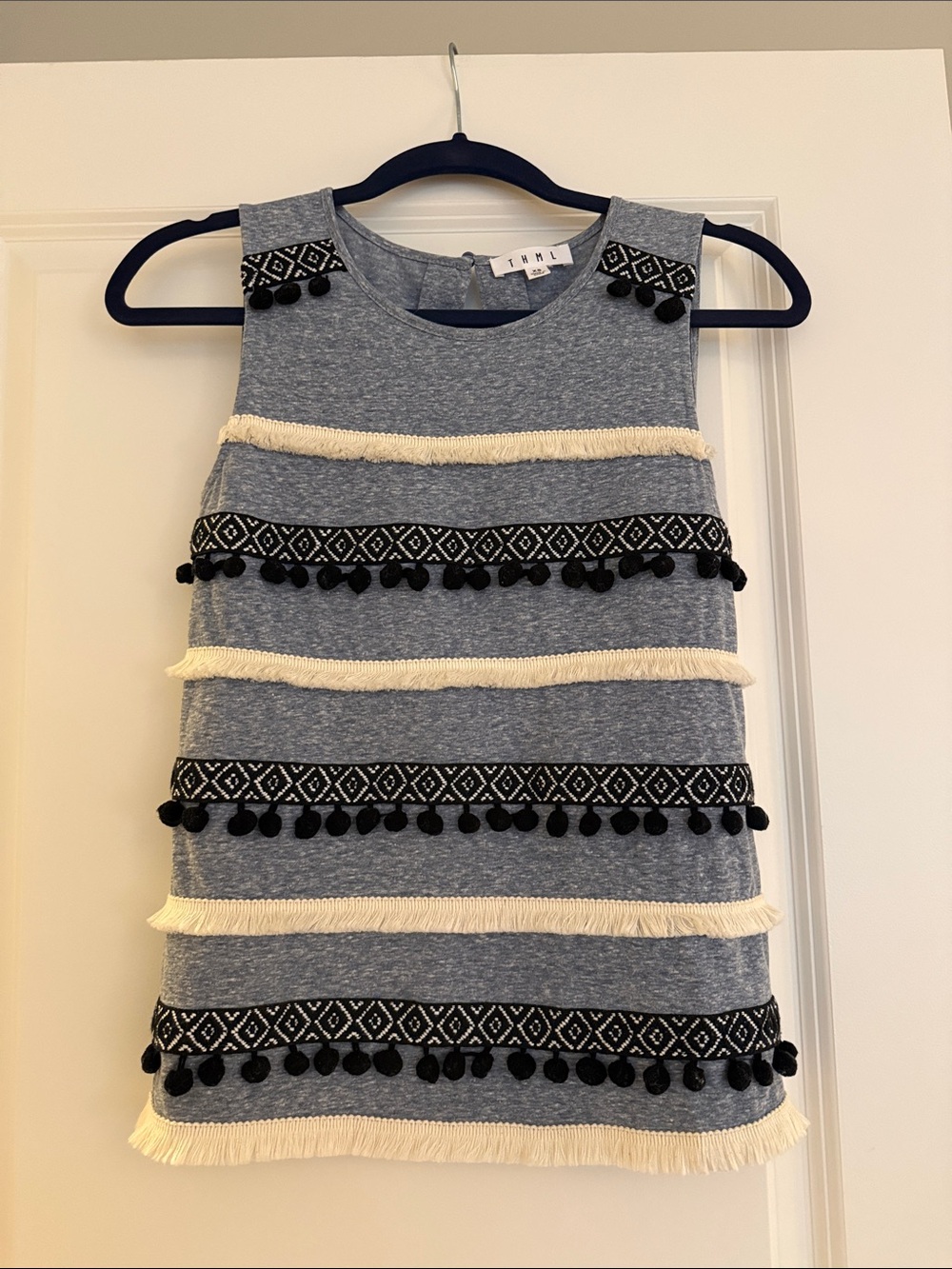 Gray Sleeveless Fringe & Pom-Pom top